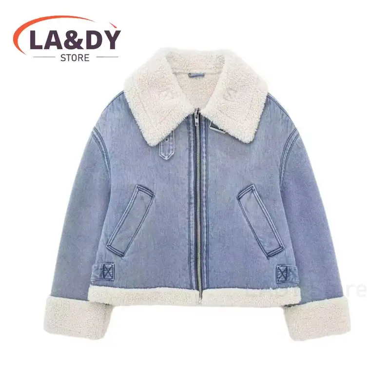 Winter High Quality Women Fashion Blue Denim Thick Lamb Jacket Coat Casual Zipper Warm Outwear Tops Female