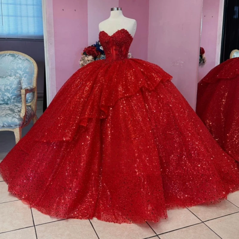 

Red Shiny Quinceanera Dresses Ball Gown Off The Shoulder Sequin Beading Crystal Corset Party Birthday Sweet 16 Dress Vestidos 15