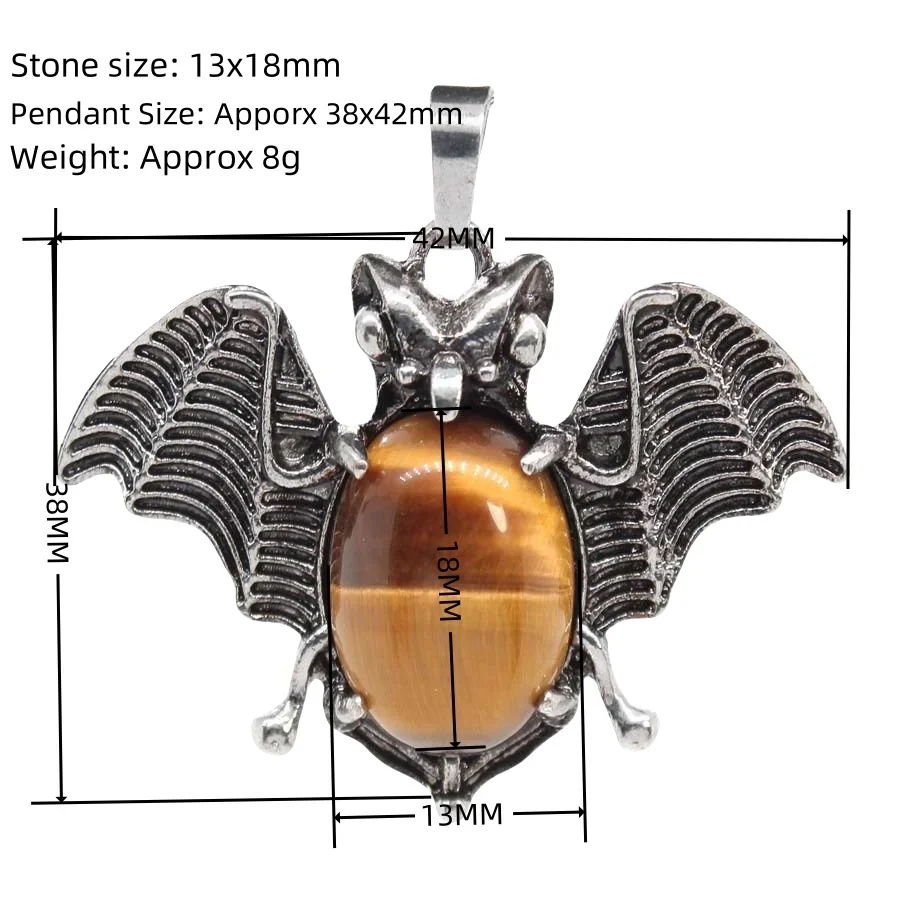 Antique Silver Alloy Bat Gemstone Necklace for Women Men  Healing Chakra Crystal Cabs Beads 38x42MM Pendant Jewelry