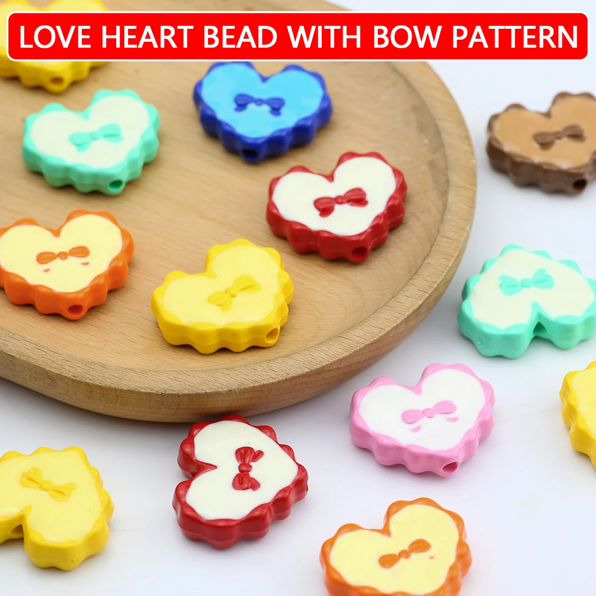 28x24mm 3pcs Acrylic Heart Beads With Bowknot Pattern Beads Random Mixed Color Hole Charms For Bracelet Necklace Jewelry Marking