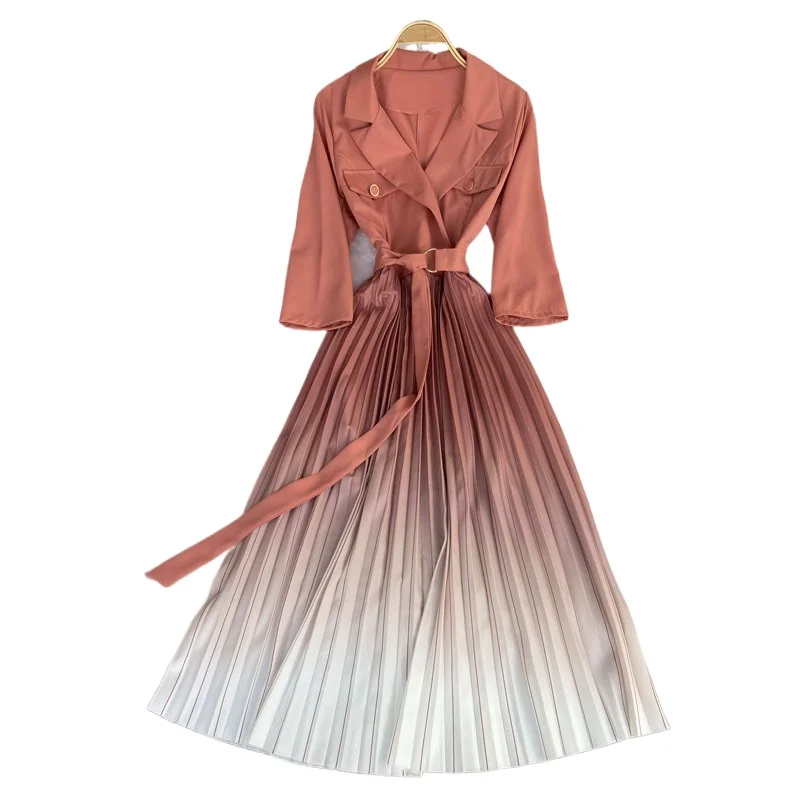 

2024 early spring temperament suit collar belt waist gradual pleated skirt skirt dresses for women