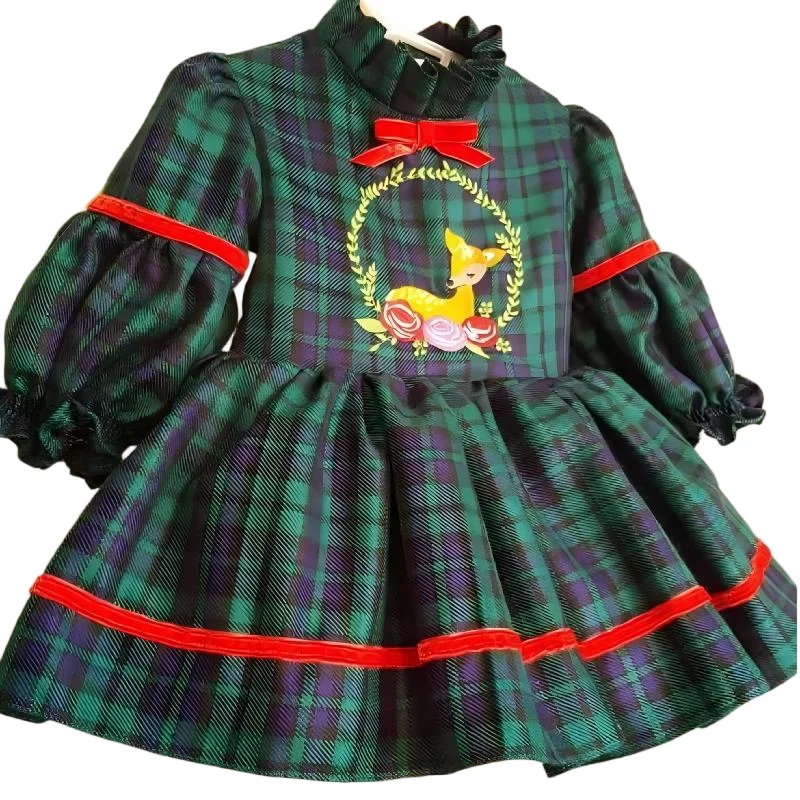 

0-12Y Baby Girl Autumn Deer Embroidery Green Plaid Vintage Princess Dress Boy Suit for Birthday Holiday Eid Christmas C175