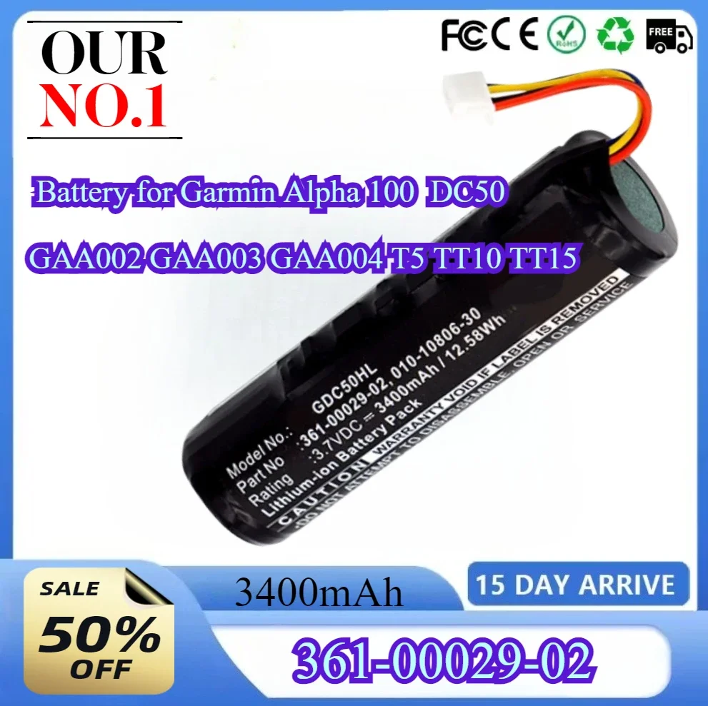 

3400mAh Battery 361-00029-02 for Garmin Alpha 100 DC50 GAA002 GAA003 GAA004 T5 TT10 TT15 Dog Collar Bateria 3.7v