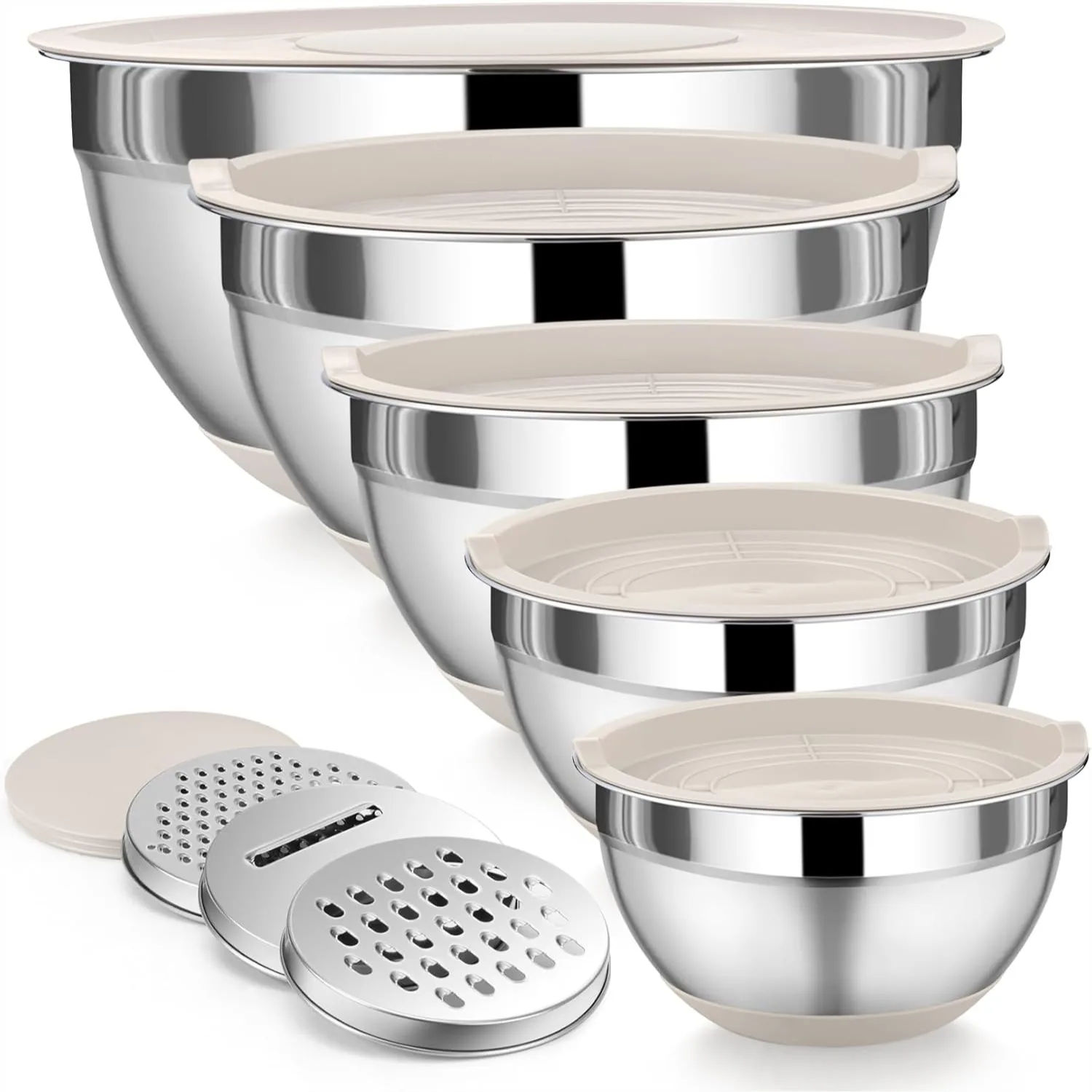 Juego de Tazones para Mezclar de Acero Inoxidable con Tapa, 5 Tazones Apilables para Almacenar Ensaladas, 3 Accesorios para Rallar, Base Antideslizante