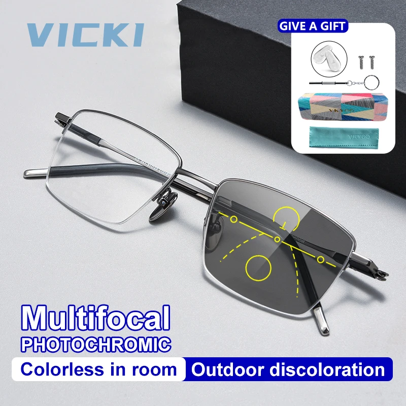 VICKI Business Ultra-light Men's Semi-rimmed Glasses - Anti-blue Light, Customizable Prescription, Multifocal Lenses 81072Z