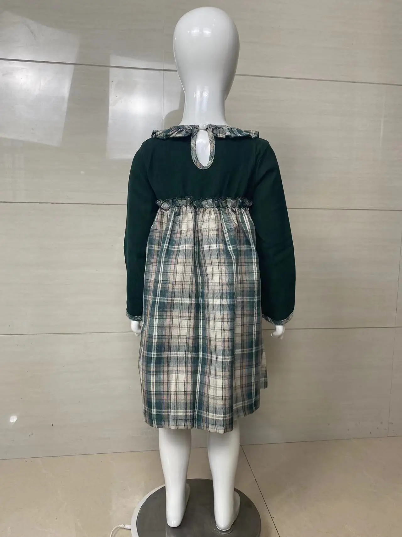 2023 Winter New Girls Dress Long Sleeve O Neck Sashes Patchwork Plaid Green Cute Designer Girls Princess Dress Vestido18M-6T