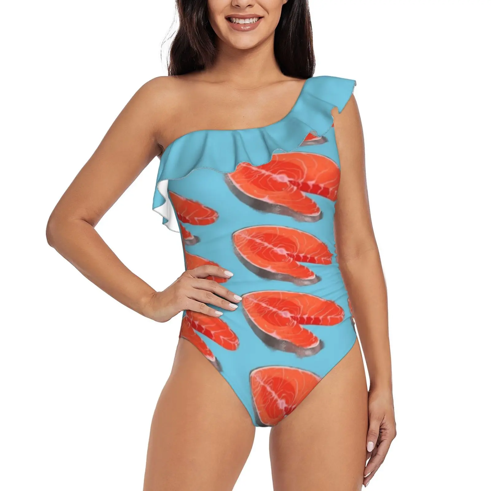 

Fish Steak One Shoulder Ruffle Swimsuit Women Swimwear Sexy Beach Wear Summer Bathing Suits Fish Fish Steak Food Meat Raw Raw