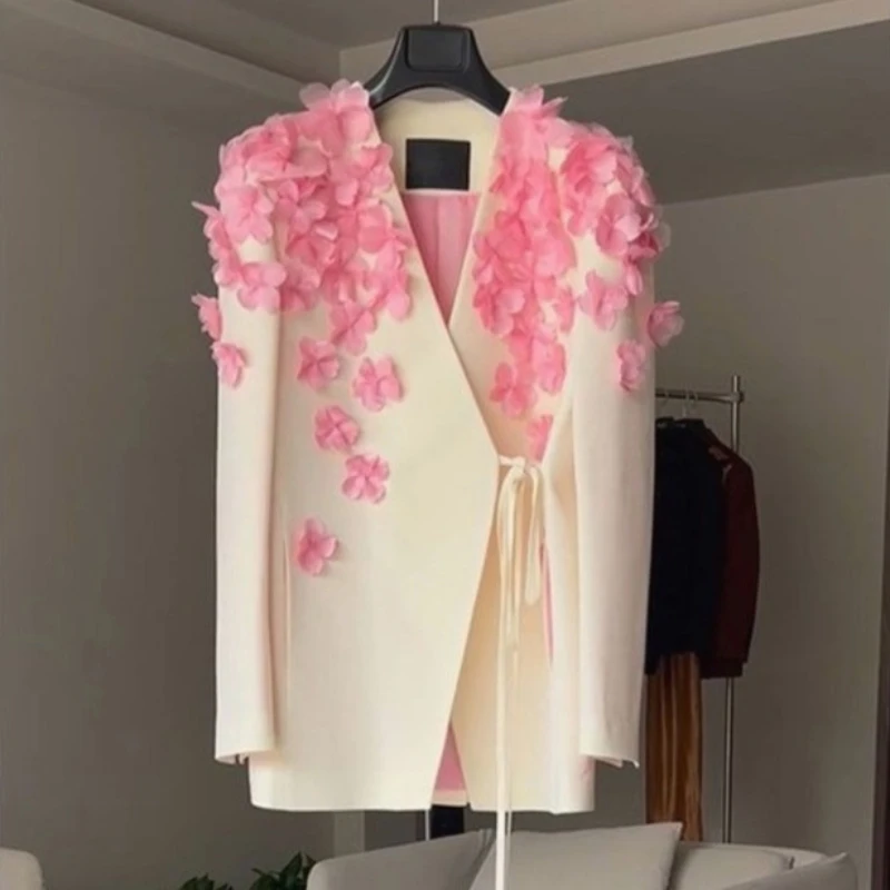 Elegant Women 3D Pink Flowers Lace Up Suit Jacket V-neck Pink Petal Decor Blazers Coat OL Slimming Cardigan Long Sleeve Tops