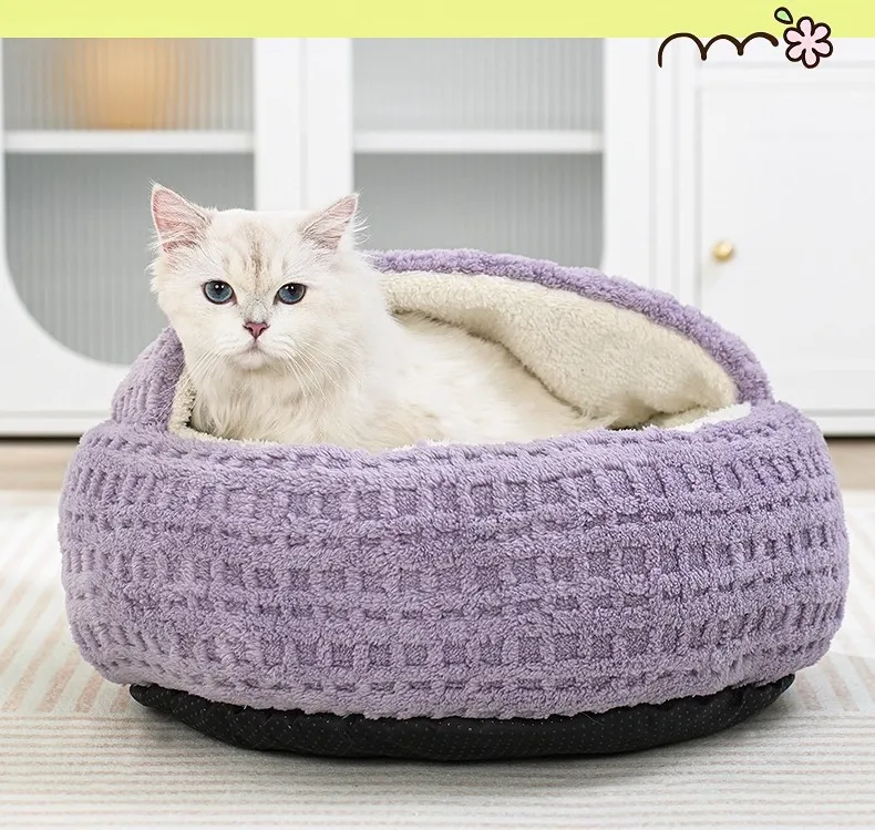 Rundes Katzennest aus Plüsch, Verdicktes Warmes Haustierbett, Waschbar, Rutschfester Boden, Hundesofa, Weiches Halbgeschlossenes Schlafnest, Haustierzubehör – Detail 16