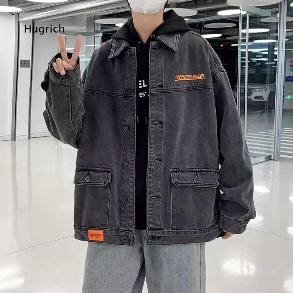 Urban Daily Men Lapel Denim Jacket Long Sleeve Button Front Loose Outerwear With Pockets For Casual Walking And Hangout