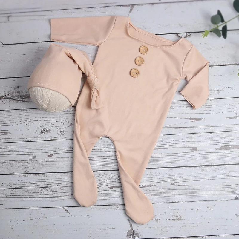 2 Stks/set Pasgeboren Baby Knoppen Romper Jumpsuit Met Geknoopt Hoed Photo Prop Outfit QX2D