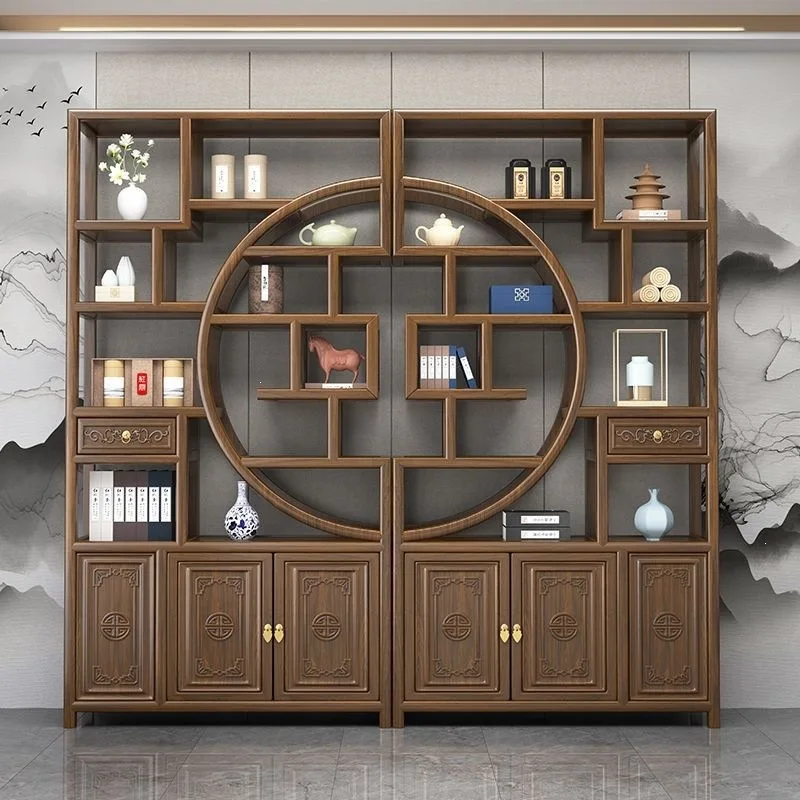 Solid wood Bogu frame Chinese style Duobao Pavilion tea rack Elm partition ornament Office tea room storage display cabinet