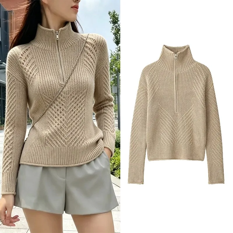 HipSeam Women's Textured Knit Jumper New 2026 Simple High Neck With Zipper Long Sleeve Women Pullovers Knit Female Sweater Tops