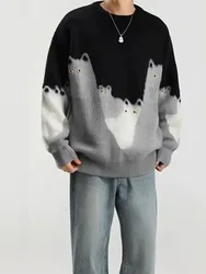 Cartoon Cat Graphic Knitted Sweater Men Oversized Hip Hop Streetwear Autumn Winter Pullover Black Loose Casual Jumper