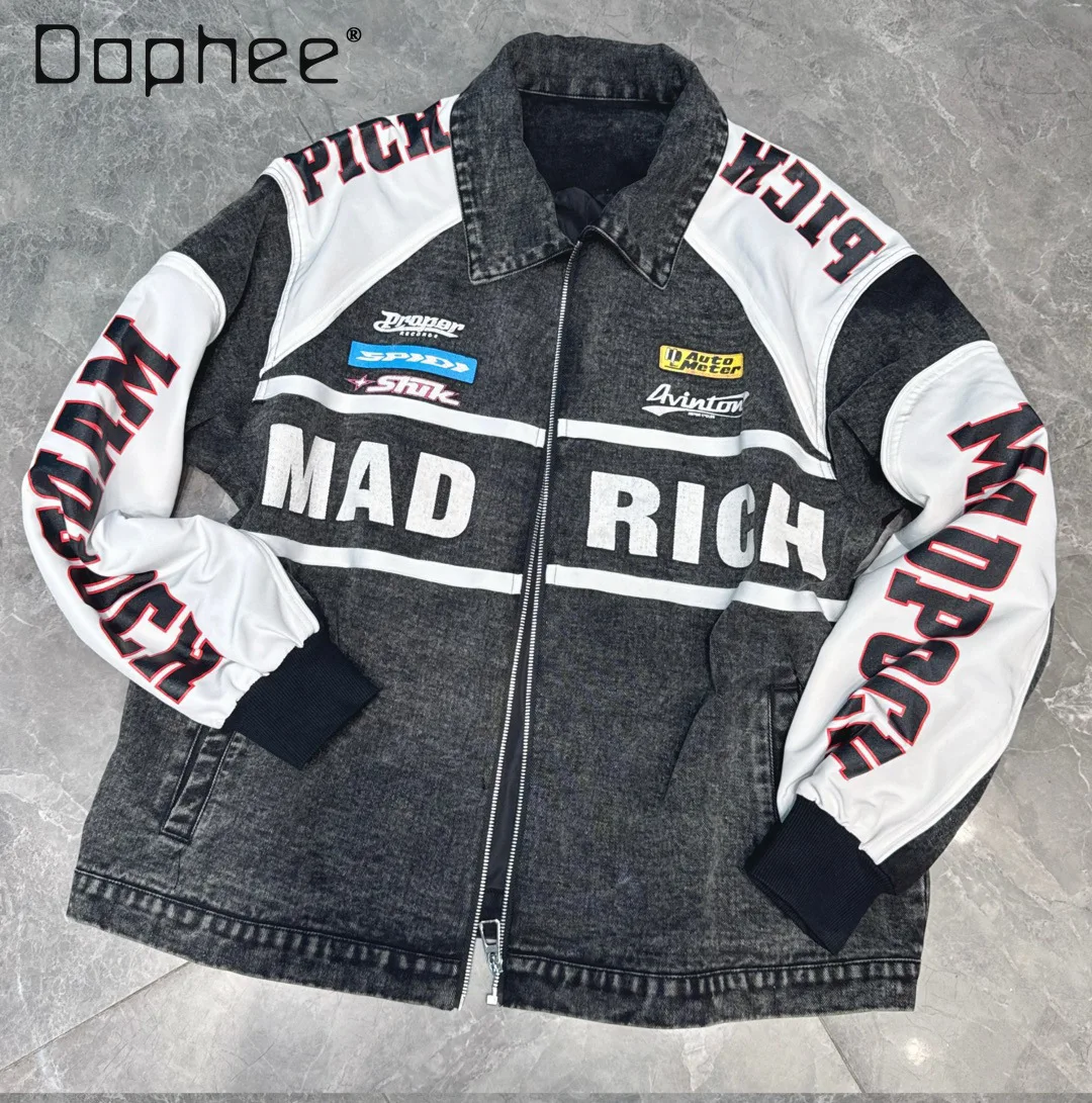 

European Style Motorcycle Jacket for Women 2025 Autumn New Heavy Industry Gray Denim Patchwork Letter Print Loose Jacket