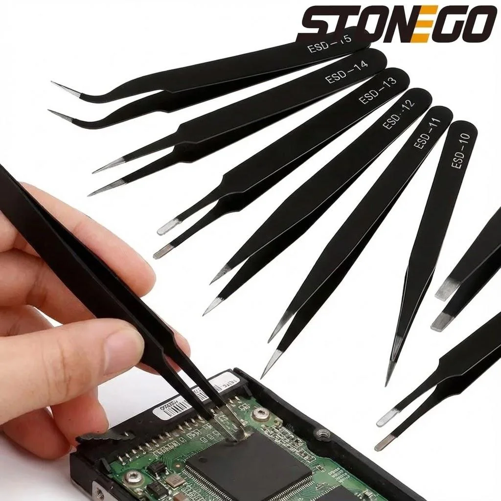 6Pcs Stainless Steel Anti-Static ESD Precision Tweezers Set Curved Straight Repair Tools for Electronics Craft
