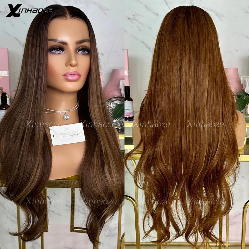 #30 Brown Human Hair With Blonde Thin Line Highlight Silk Top Human Hair Wigs Natural Wave 13x6/360 Lace Front Human Hair Wigs