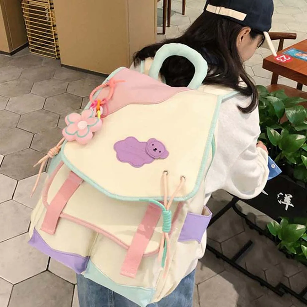 

Nylon Contrast Color Backpack Lightweight Candy Color Large Capacity Daypack Foldable Japanese Style Cartoon School Bag Unisex