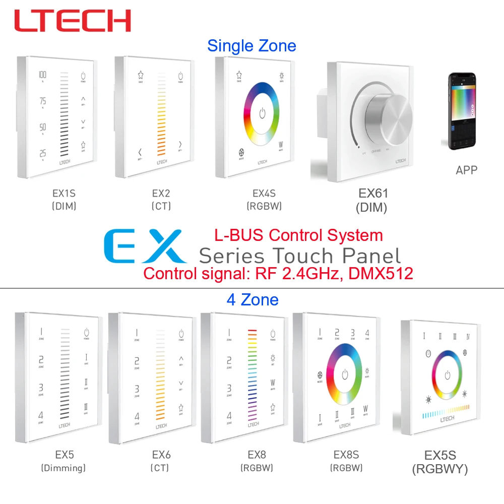 

Система управления LTECH L-BUS Smart EX Series Светодиодная сенсорная панель в европейском стиле Поддержка шлюза Мобильное приложение RF 2,4 ГГц Управление DMX512