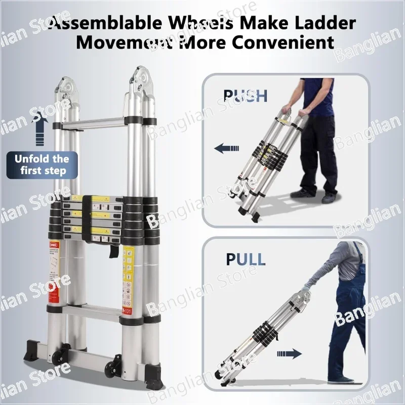 16.5FT Telescoping A Frame Ladder with Tool Tray, 2-In-1 Extension Ladder, Multi-Purpose Aluminum Telescopic Ladders with Ladder