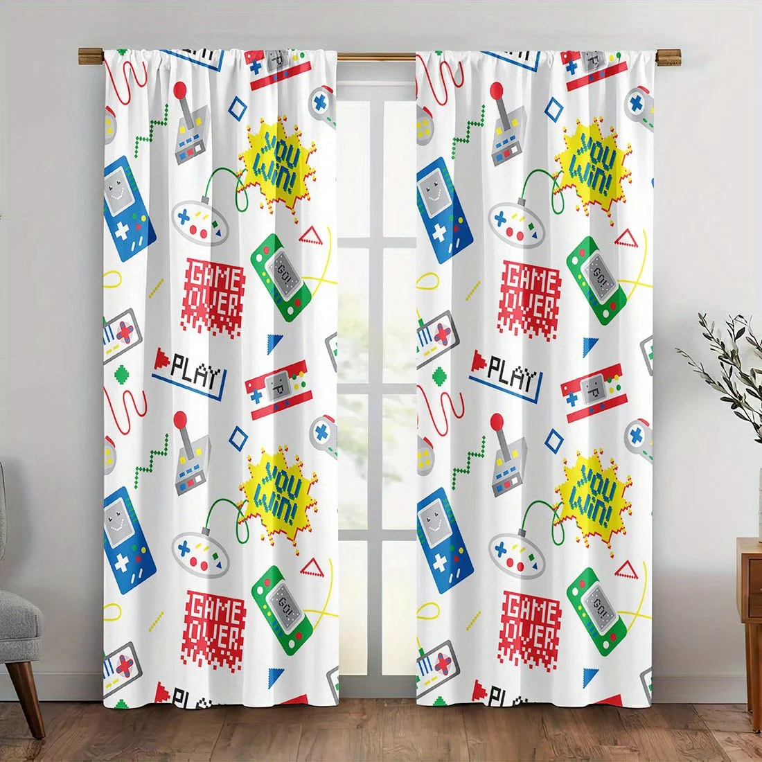 Retro Game Console Controller Print Curtain Colorful Gamer Boy Room Decor Drape Arcade Pattern Window Treatment for Kids Bedroom