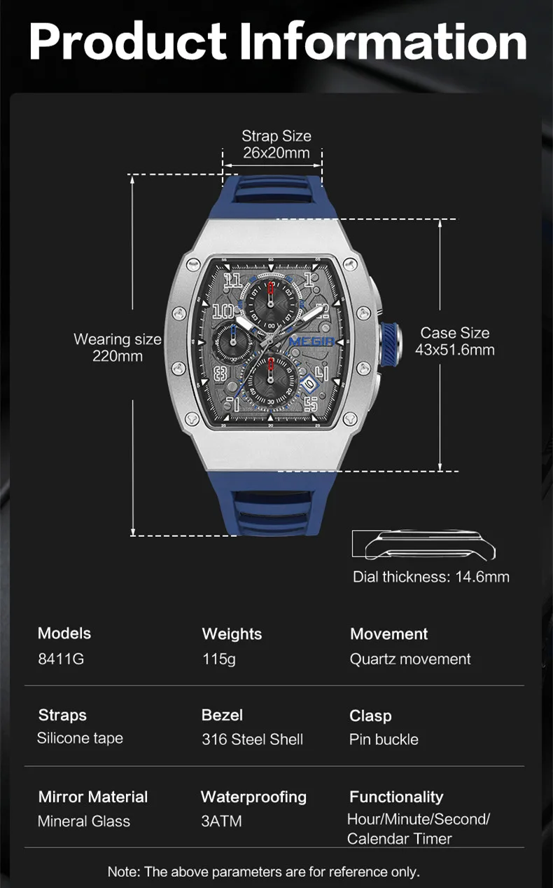 MEGIR Blaue Luxus-Sportuhr für Herren, Stahlgehäuse, wasserdicht, leuchtend, Militär-Quarz-Chronograph, automatisches Datum, Reloj Hombre 8411