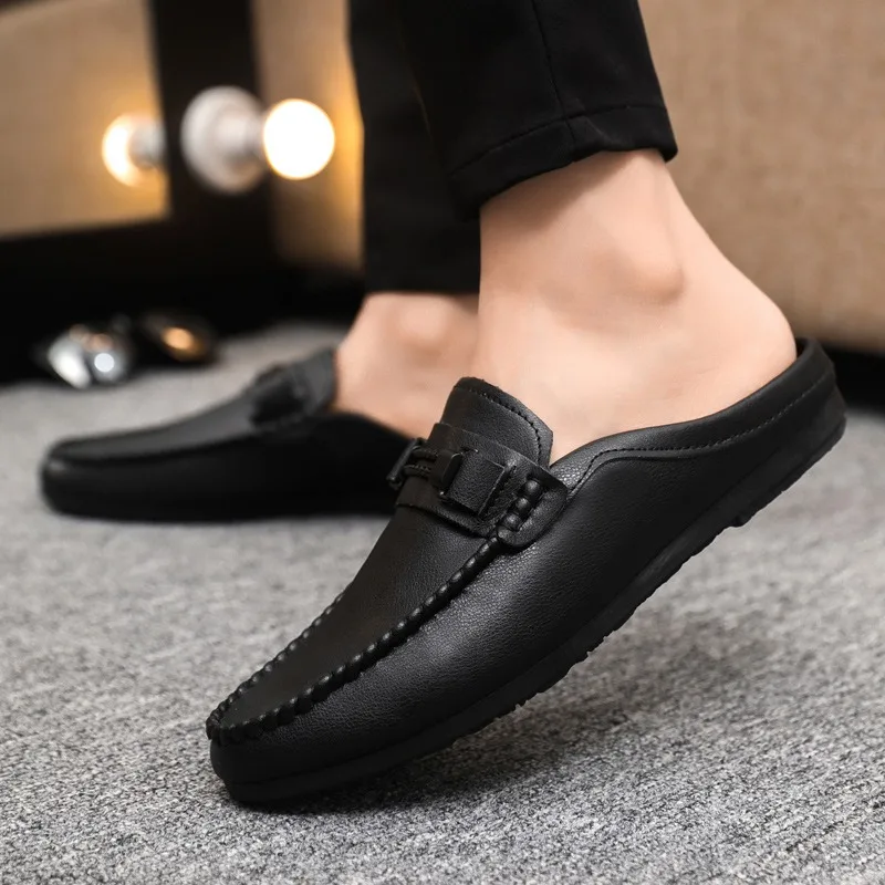 Summer Leather Men Half Slippers Breathable Mens Casual Shoes Slip-on Lazy Driving Shoes Comfortable Walking Loafers Moccasins