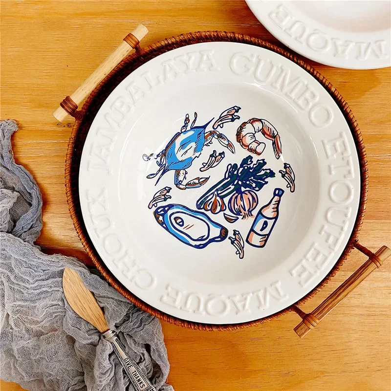 

Ceramics Circular Plate Ocean Series White Letters Relief Household Deep Salad Plates Large Size Steak Dinner Dessert Assiettes