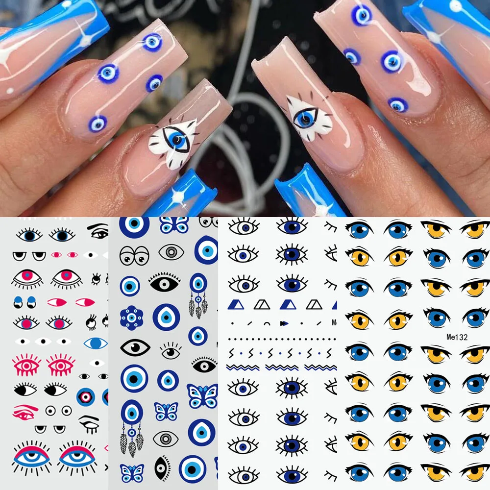 1PCS Turkish Blue Evil Eye Nail Art Sticker Self-Adhesive 3D Colorful Charms DIY Abstract Line Sliders Decorations Nail Decals