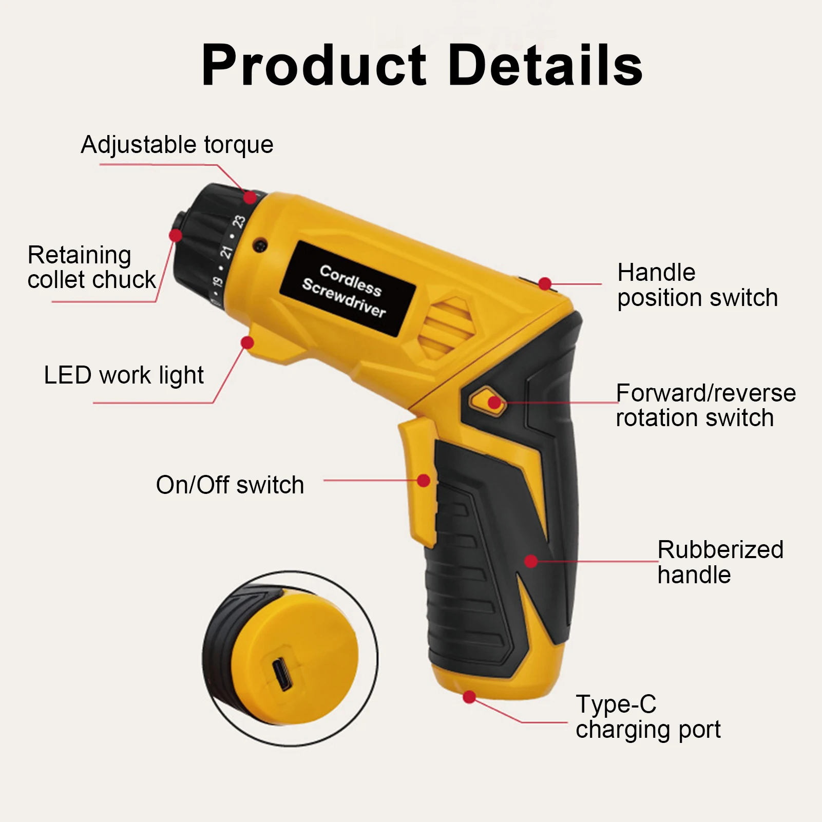 طقم مفك براغي كهربائي لاسلكي، مفك براغي 4 نان·م قابل لإعادة الشحن مع لقم قصيرة وطويلة، 23 إعداد عزم دوران، ضوء عمل LED
