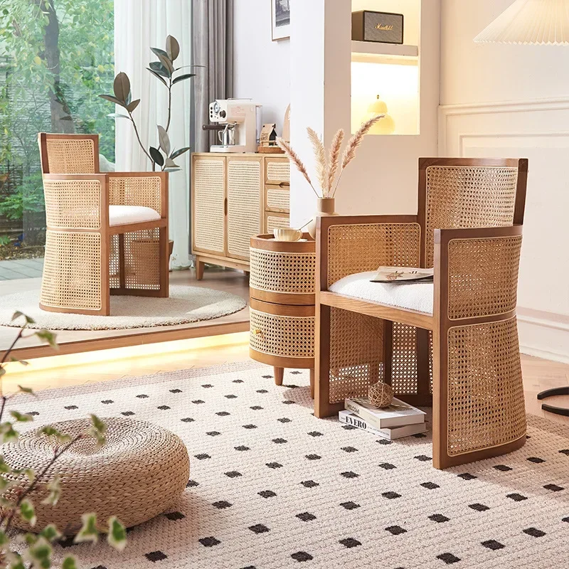 New Chinese Rattan Solid Wood Sofa Household Wabi Sabi Balcony Three-piece Hotel Room Rattan Chair Meeting Chair