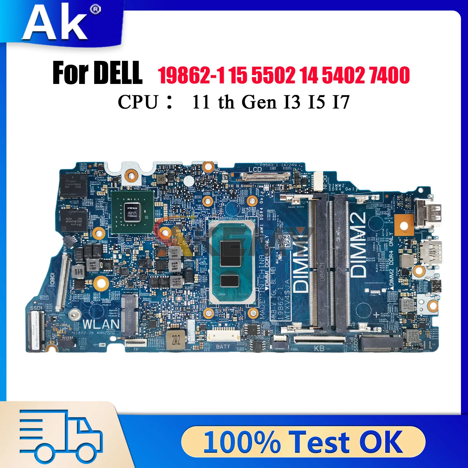 

19862-1 Mainboard For Dell Vostro 5402 5502 with i3 i5 i7 CPU CN-0G0XMN 04D2JV 0H2F8K 010GRP 0JV4DR Tested OK