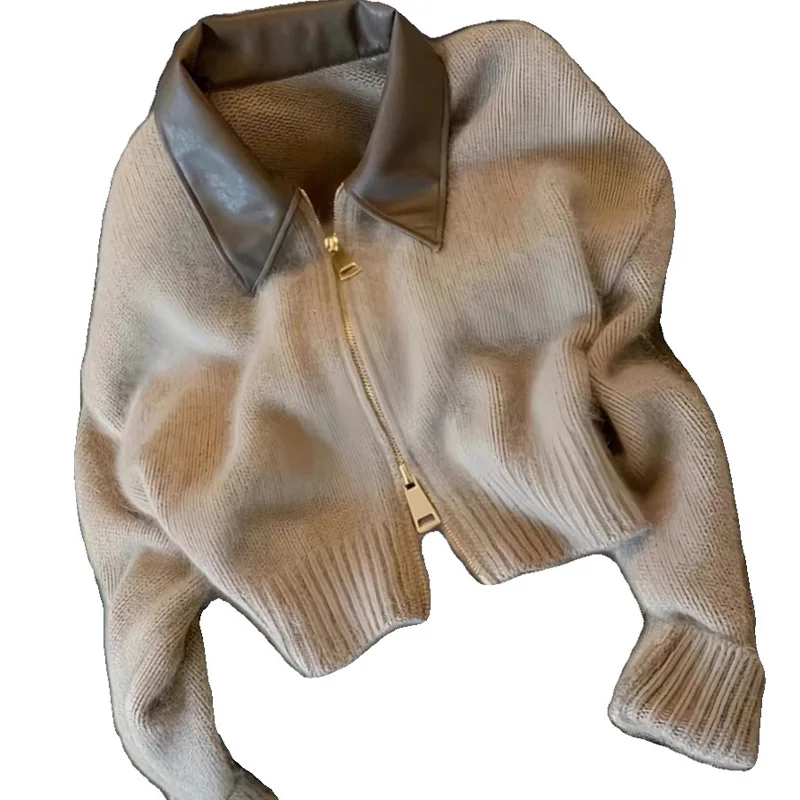 Epligg Spliced Leather Collar Knit Sweater Fashion Double Zipper Cardigan Women\'s Autumn/Winter Soft Vintage New Long Sleeve