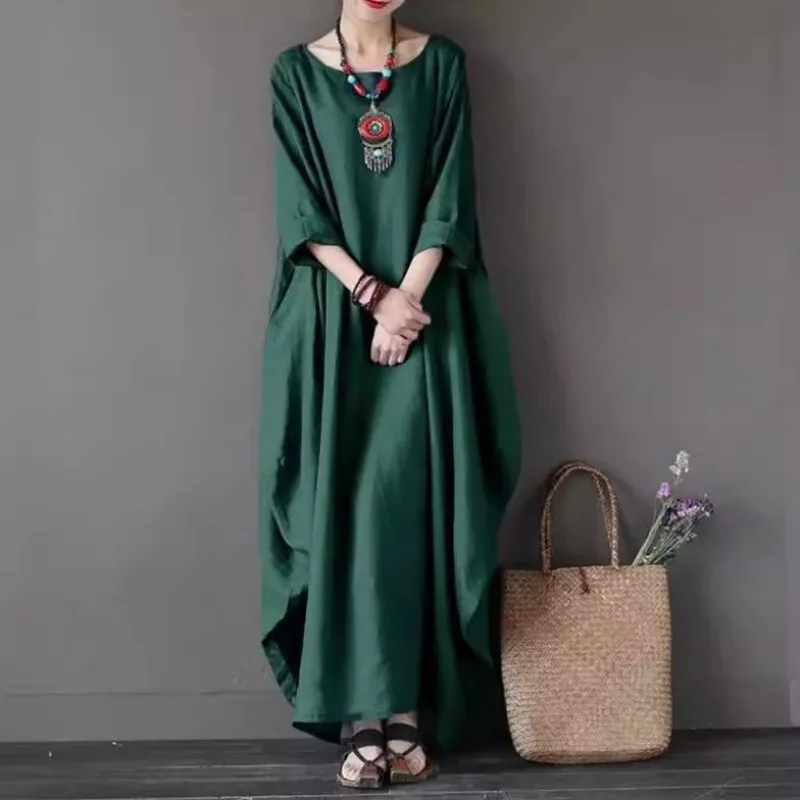 

Spring Summer Womens Cotton And Linen Solid Color Long Dress