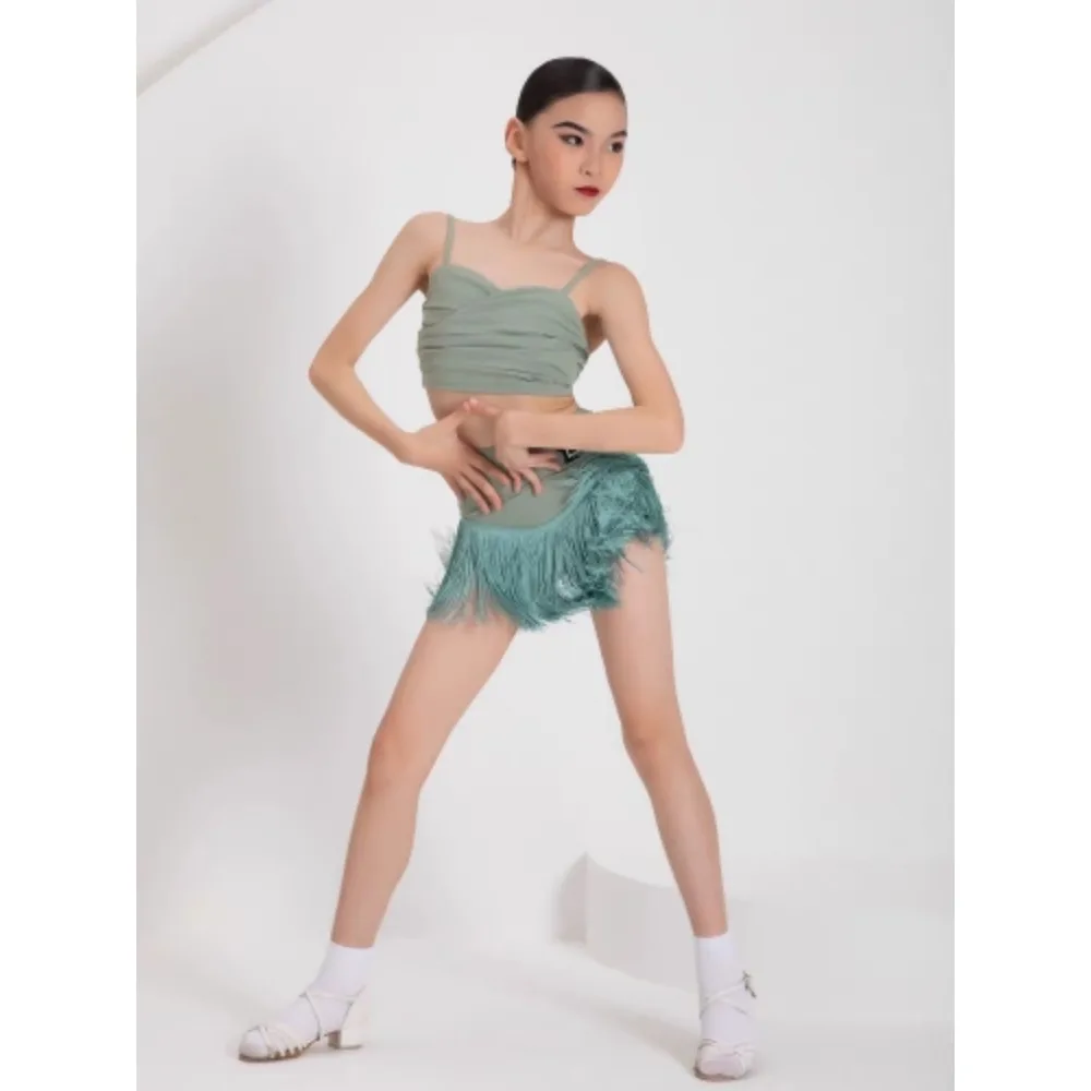 أزياء الرقص اللاتينية للأطفال الصيفية ممارسة الفتيات بلا أكمام الرسن القمم مهدب نصف التنانير أزياء الأداء