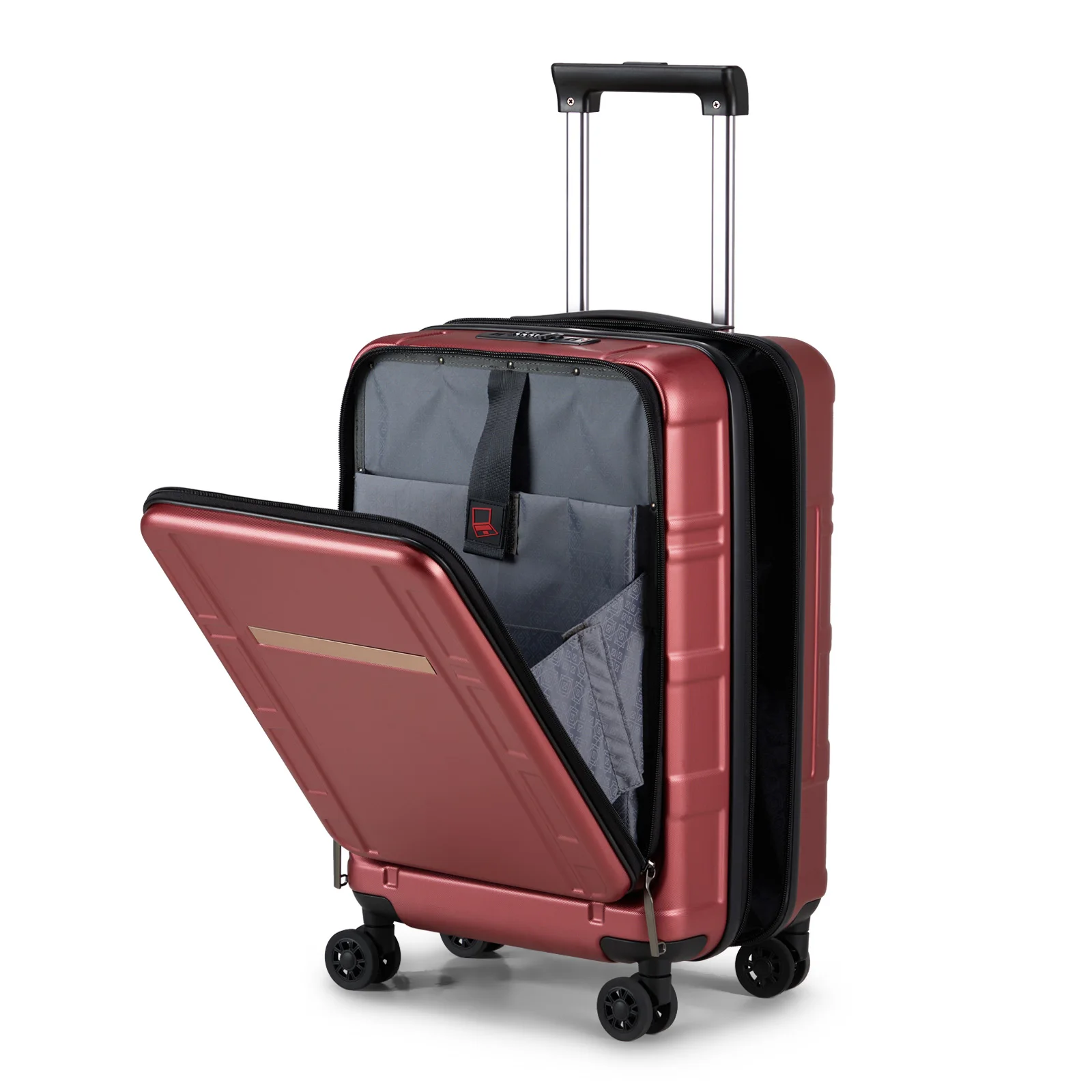 22 X 14 X 9 Airline Approved, ABS+PC 20 Inch Luggage with Front Compartment, Double Spinner Wheels, TSA Lock，Wine Red Color