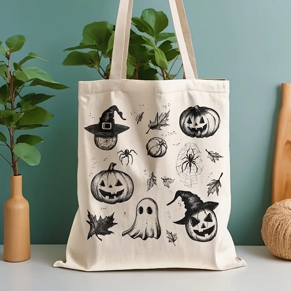 Vintage Halloween Canvas Tote Bag Black Sketch Pumpkin Ghost Spider Pattern Reusable Grocery Bag Women Shoulder Handbag