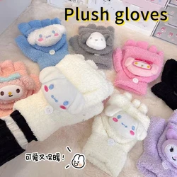 hello kitty sanrio cinnamoroll kuromi winter plush flip gloves to keep warm and cold-proof girls cute cartoon gloves fingerless