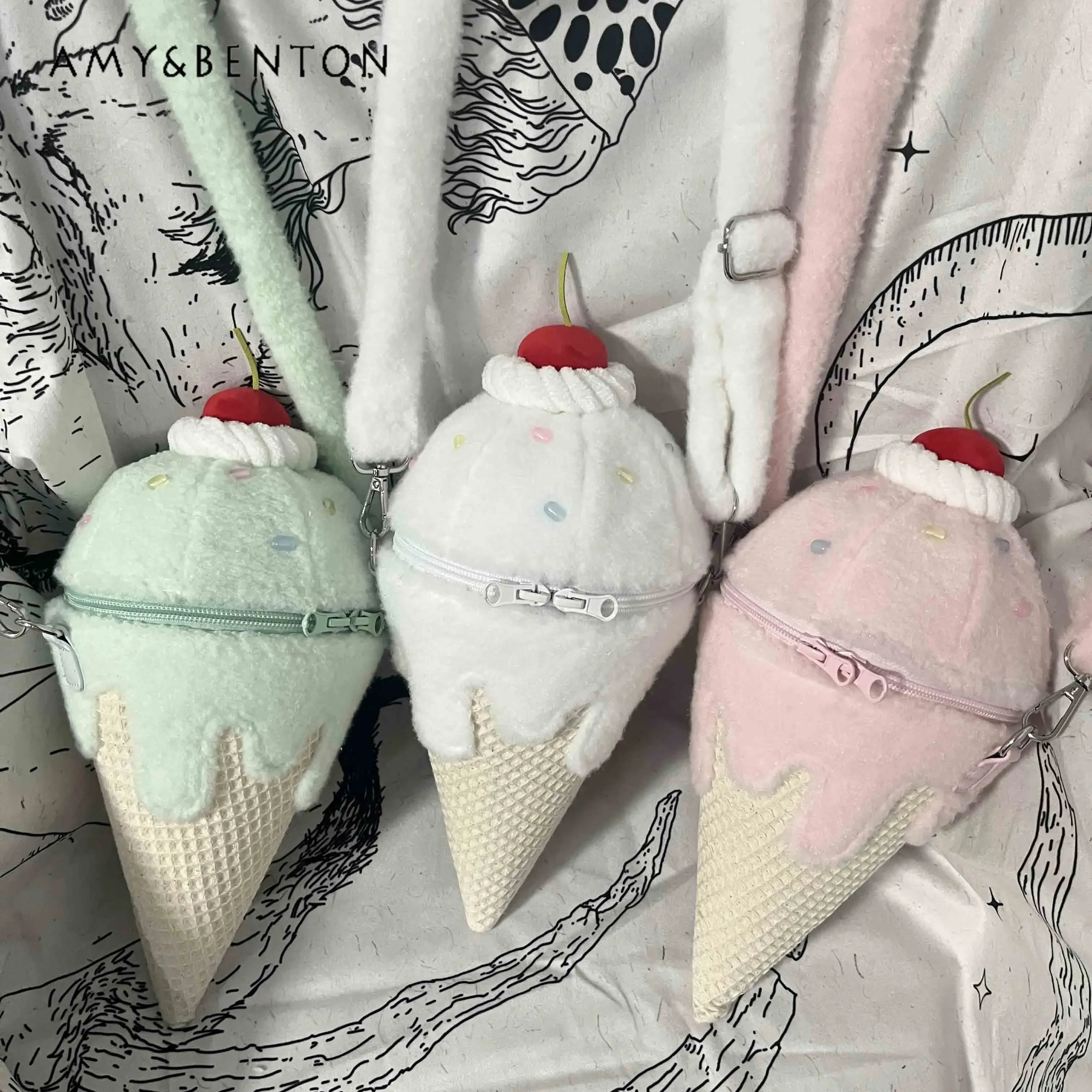 Original Design Ice Cream Crossbody Bags for Women Sweet Plush Lolita Crossbody Bags Students Versatile Kawaii Purse Female