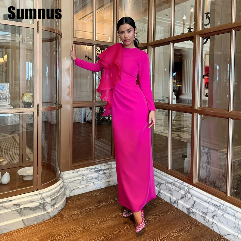 

Sumnus Formal Hot Pink Mermaid Prom Dress Cape Long Sleeves Back Slit Party Dresses Ankle-Length Evening Dresses Customized