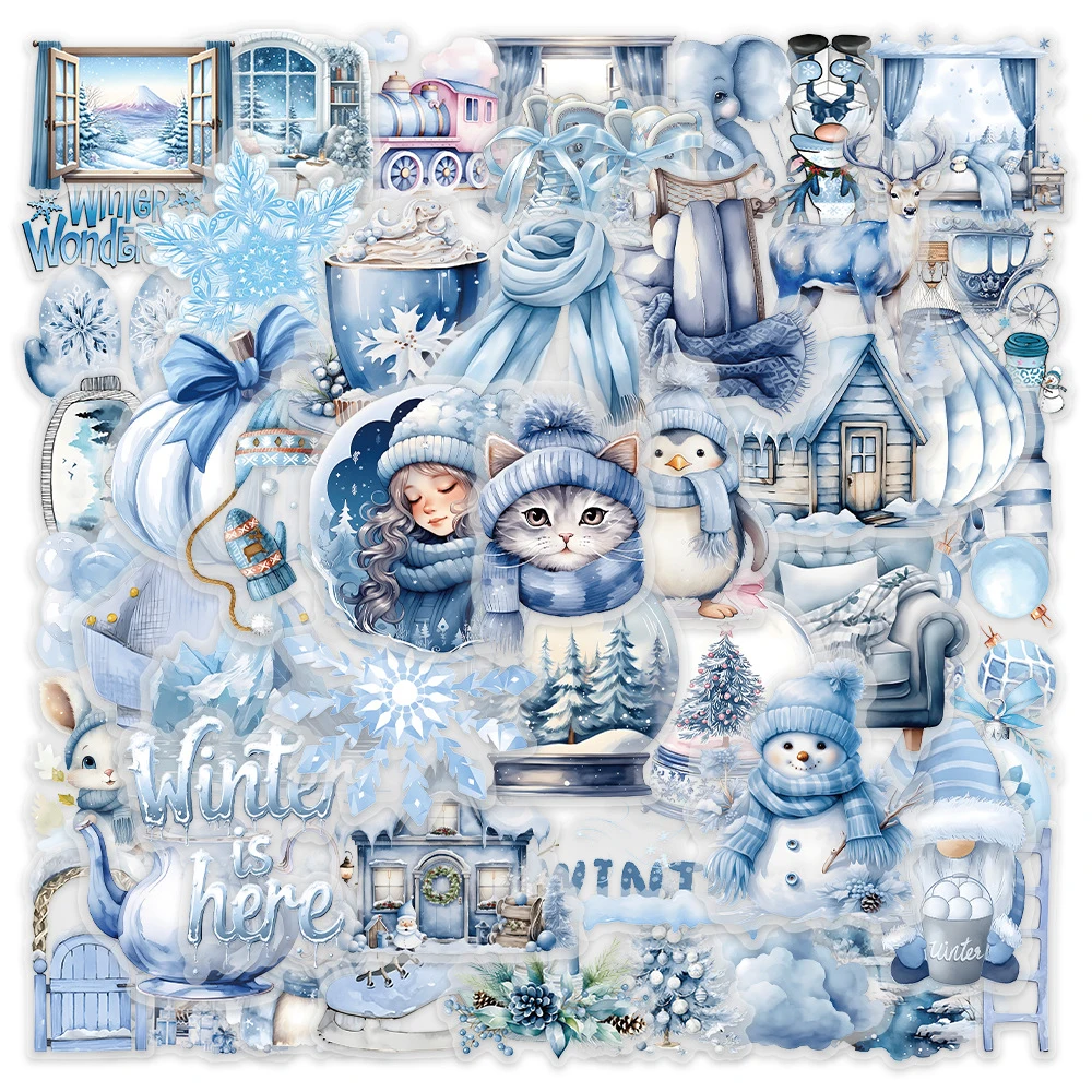 10/30/50pcs Blue Winter Watercolor Graffiti Stickers Aesthetic Decoration Decals Suitcase Notebook Phone Waterproof Sticker Pack