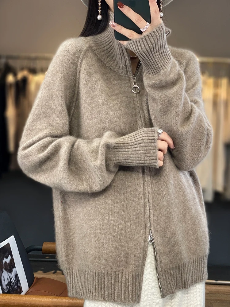 Wool Sweater Cardigan Women Turtleneck Long Sleeve Tops Zipper Fashion Loose Autumn Winter New Knitted Warm Outerwear Cardigan