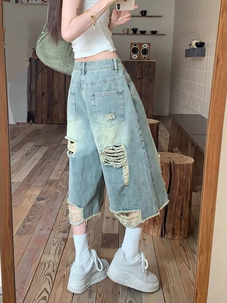 

Vintage American Style Women Distressed Knee Ripped Denim Shorts High Waist Loose Fit Summer New