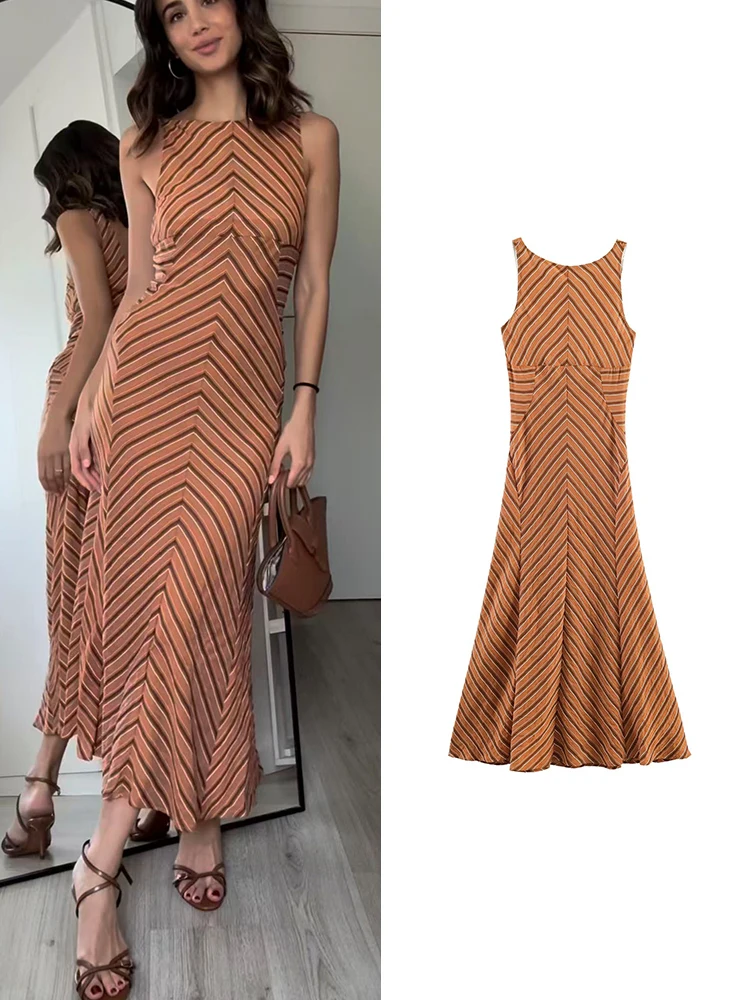 TFMLN Sommer Ärmelloses Gestreiftes Midikleid für Damen Vintage-Print Urlaubskleid O-Ausschnitt Modisches Schlankmachendes Rückenfreies Kleid 2026