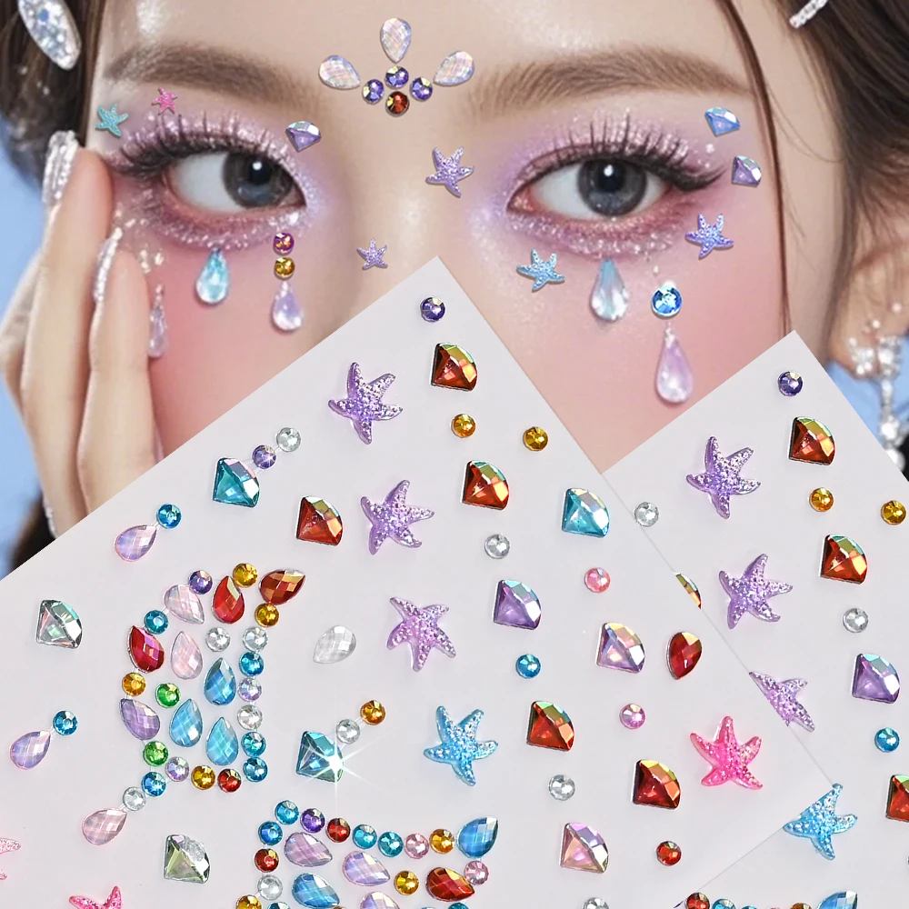 1Pcs Colorful Starfish Diamond Drop Gem Tattoo Stickers 8*12cm DIY Eye Face Body Rhinestone Decals for Makeup Party Jewels Decor