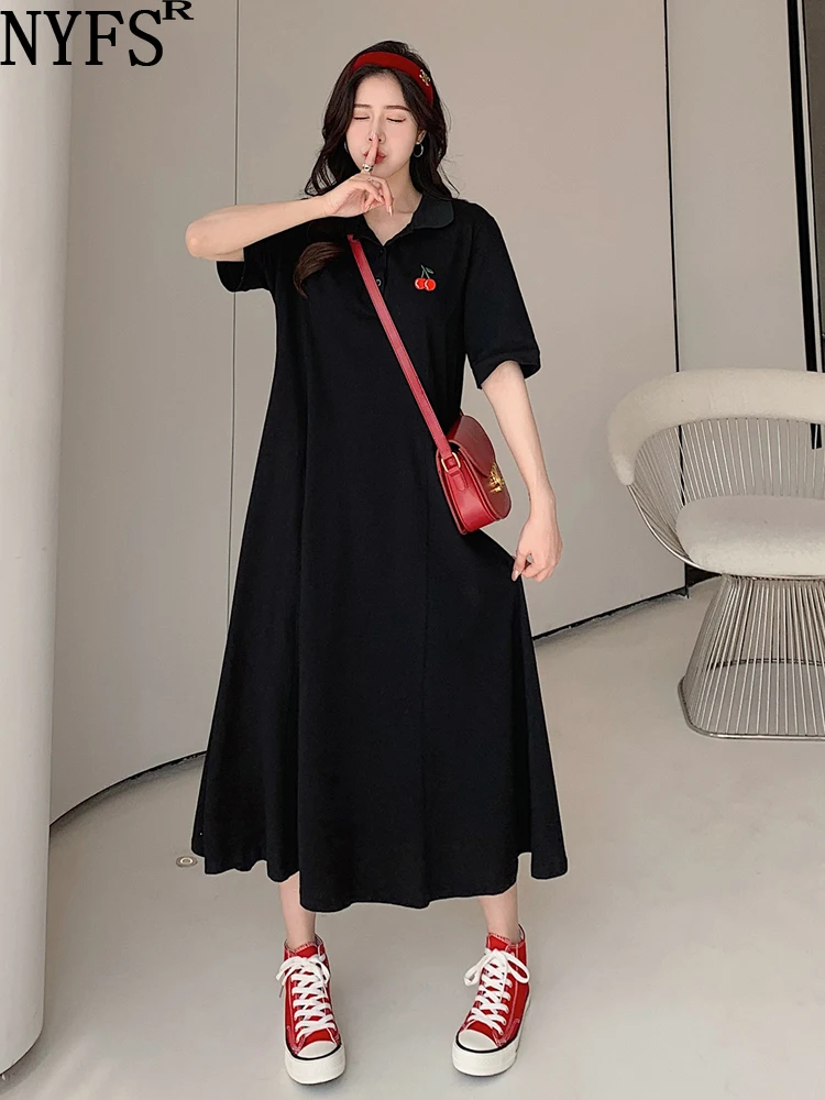 

NYFS 2024 Summer New Korea Embroidered Cherry Woman Dress Vestidos Robe Ete Femme Elbise Loose Plus Size Short Sleeve Dresses