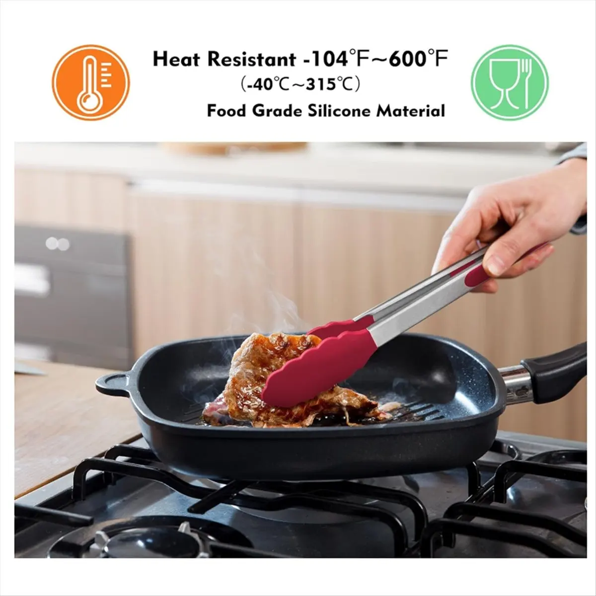 N14R Top 3-Piece Premium Stainless Steel Locking Kitchen Tongs with Silicon Tips, Set of 3-7inch, 9inch and 12inch Red