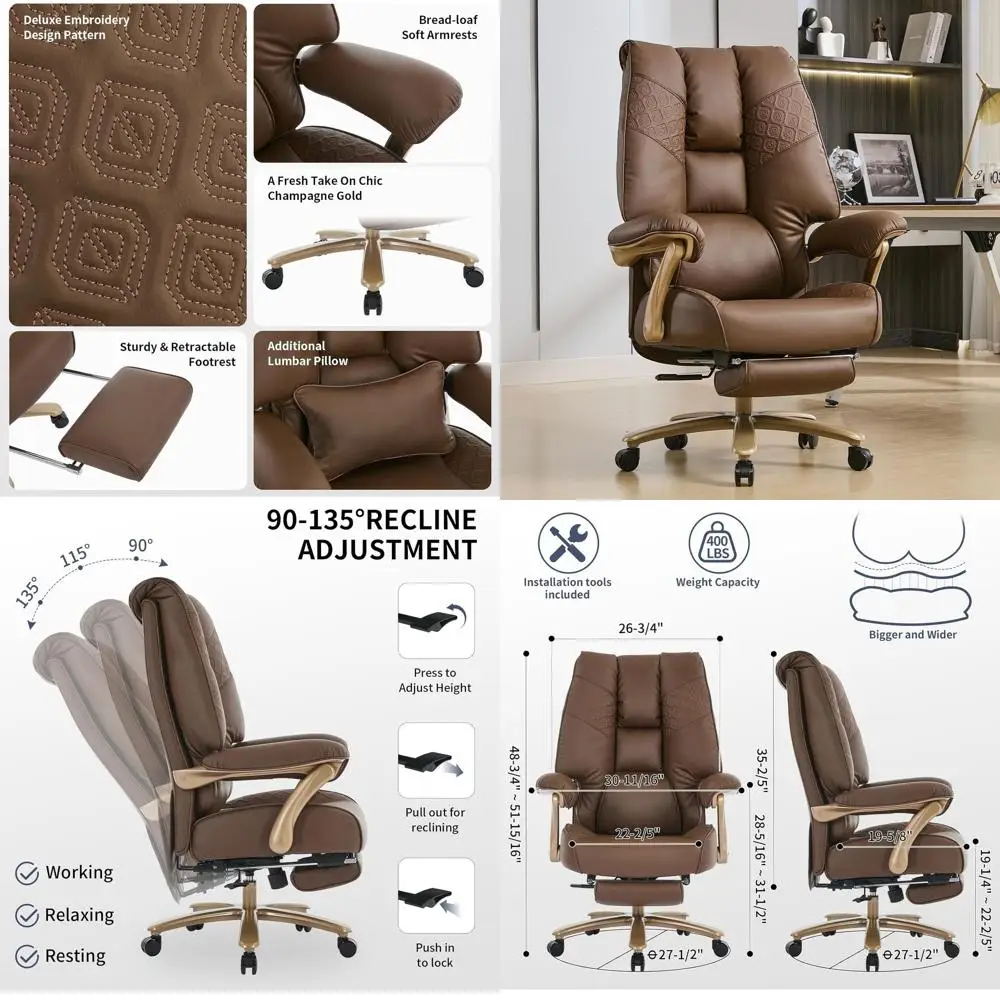 

Большое и высокое офисное кресло для руководителя с подставкой для ног, эргономичное офисное кресло с высокой спинкой и поясничной поддержкой, выдерживающее нагрузку до 400 фунтов, с мягкими подлокотниками.