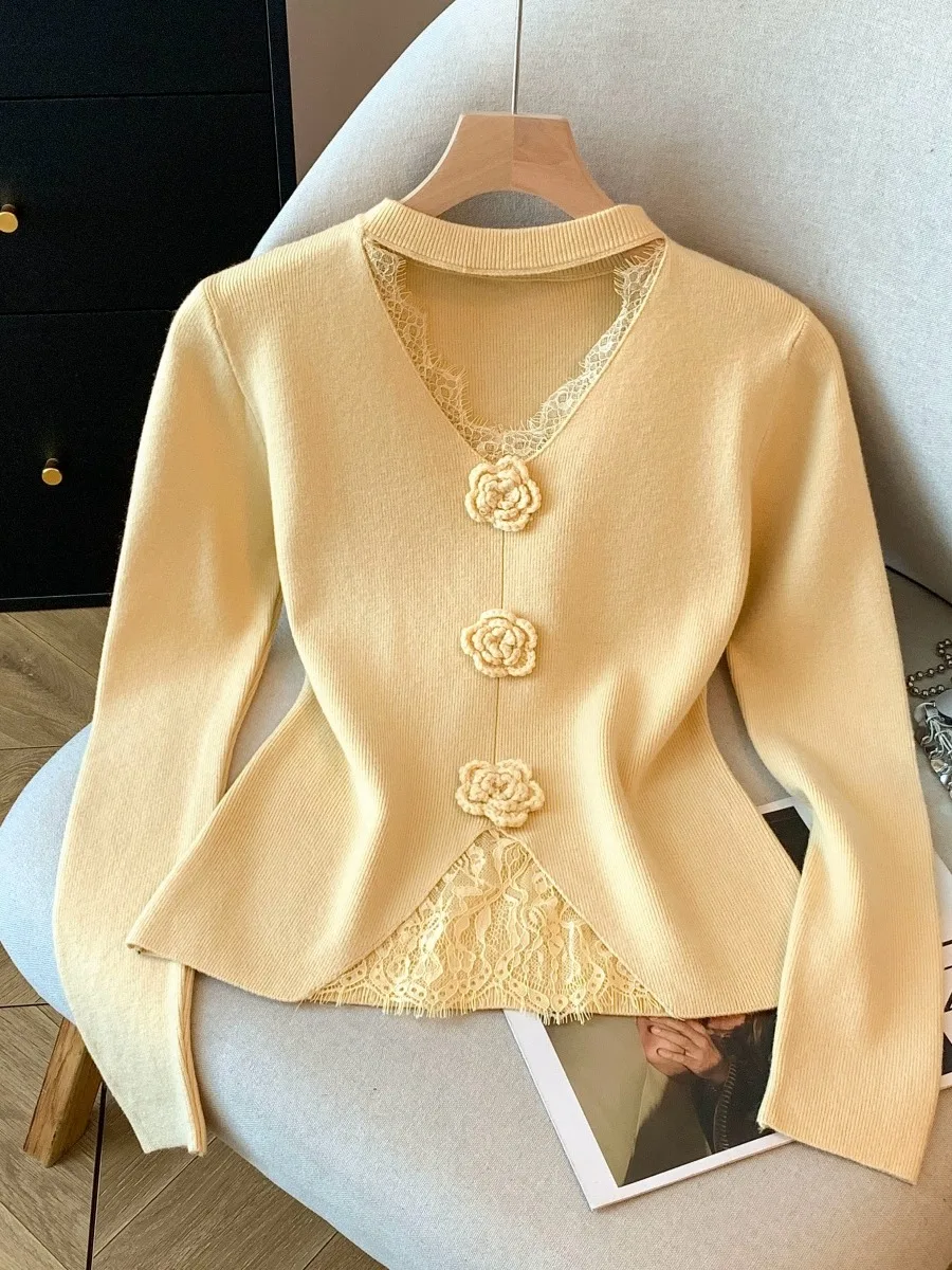 블루 플로럴 레이스 V넥 니트 스웨터 여성 이너웨어 네이징 디자인 루즈핏 스윗 슬레 시 워크 폴리에스터 섬유