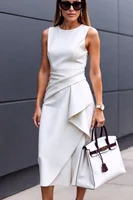 Vestido ajustado elegante de color sólido con cuello redondo y vestidos divididos para fiesta formal